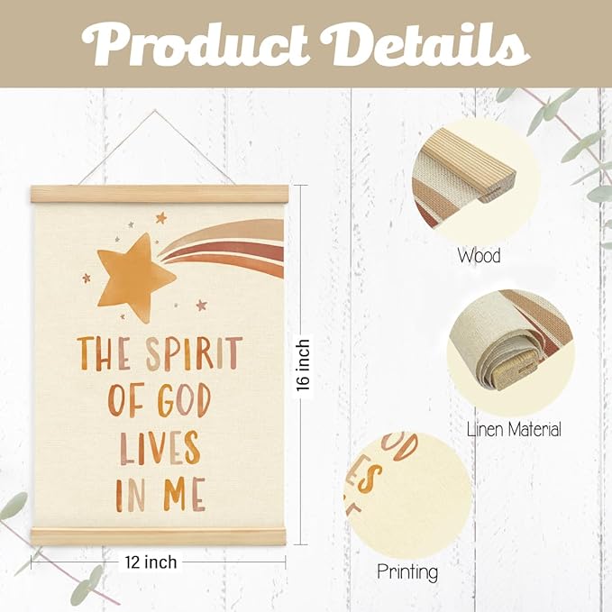 PLKMN Christian Nursery Wall Decor, the Spirit of God Lives in Me Wall Art with Wooden Poster Hanger, Boho Christian Wall Decor for Nursery Kids Room Sunday School Preschool Classroom, 12x16 Inch