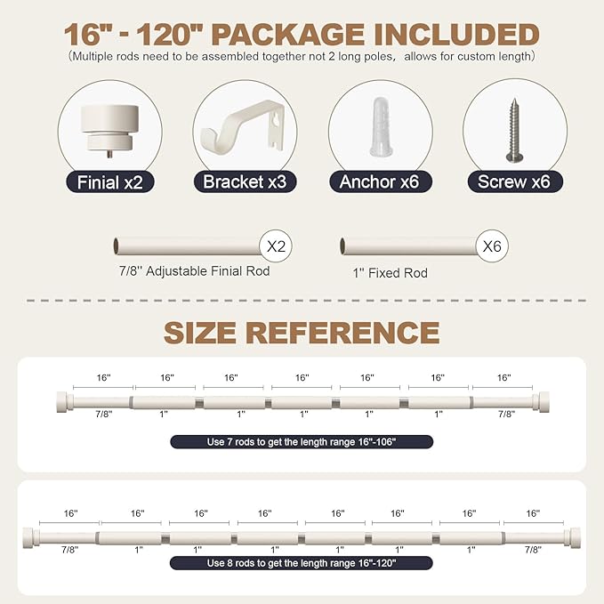 Modern White Curtain Rods for Windows 66 to 120 Inches Adjustable Length Heavy Duty 1" Diameter Window Curtain Rod with Decorative Finials for Outdoor Farmhouse Bedroom Kitchen Living Room