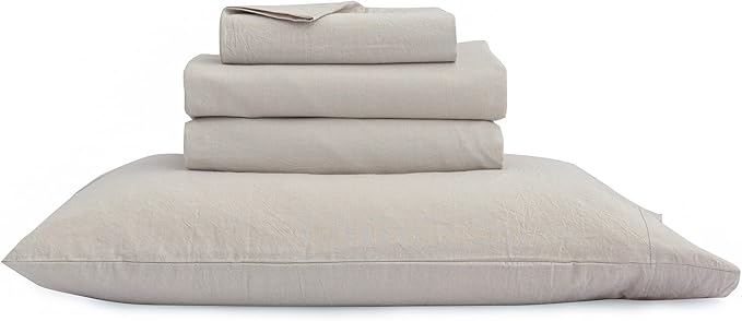 BESTOUCH Sheet Set 100% Washed Cotton Linen Feel Super Soft Comfortable Chic Lightweight 4 Pcs Home Bedding Set Solid Linen Grey Cal King