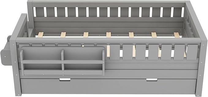 Bellemave Twin Size Kids Bed with high Rails and with Built-in Bookshelf and Trundle for Kids, Girls, Boys, Wood Montessori Bed Without Door, Gray