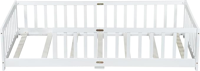 Twin Size Floor Bed for Kids, Wood Montessori Floor Beds with Fence Railings and Slats Support, Twin Playhouse Bed Frame for Boys Girls, No Box Spring Needed, White