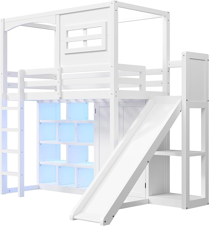 Merax Modern Multifunction Wood Loft Bed with Wardrobe & Storage Shelves, Twin House Shaped Loft Bed Frame with Ladders & Slide, No Box Spring Needed, Space Saving, White