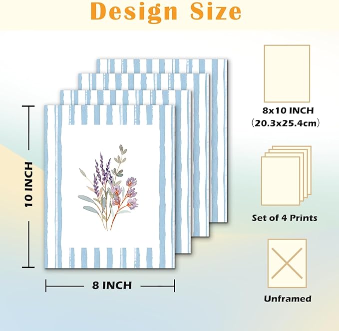 JINYO Boho Vintage Floral Wall Art Prints Set of 4, Floral Room Decor, Blue and White Striped Rustic Wildflower Posters Pictures Wall Decor for Home Bedroom Living Room, 8x10 Unframed