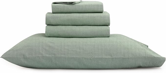 BESTOUCH Sheet Set 100% Washed Cotton Linen Feel Super Soft Comfortable Chic Lightweight 3 Pcs Home Bedding Set Solid Green Twin