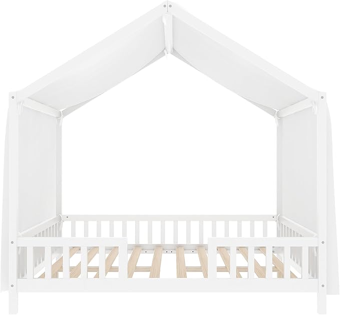 Bellemave Full House BedFrame with Canopy, Montessori Floor Bed, House Bed with Rails for Kids, White