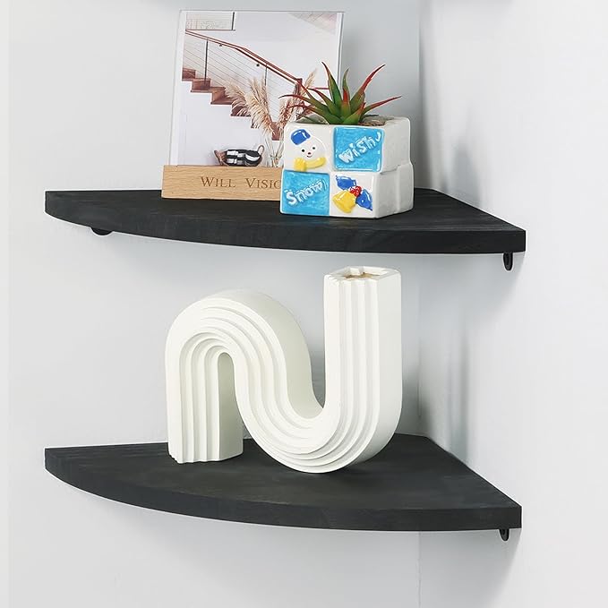 Corner Wall Shelves Set of 2, Rustic Wood Corner Floating Shelves with Cable Raceway, Wall Mount Storage Display for TV Accessories, Baby Monitor (Black, Fan-shaped-10 Inch)