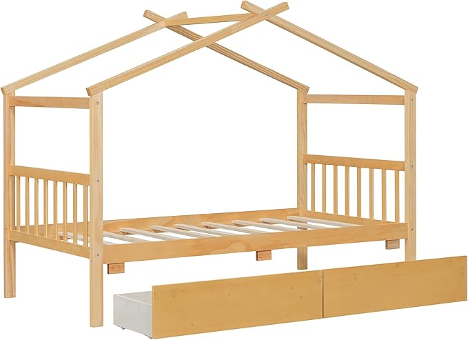 Merax Twin Size Wooden House Bed with Two Drawers, Wood Bed Frame with Roof for Kids, Teens, Boys or Girls, Natural