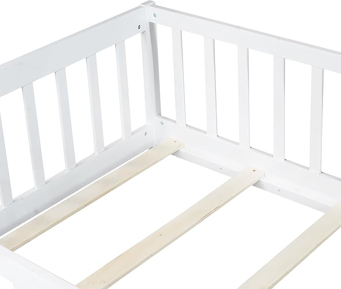 Bellemave Twin Size Floor Bed for Kids, Girls, Boys, Rubber Wood Floor Bed with slats and Door, White