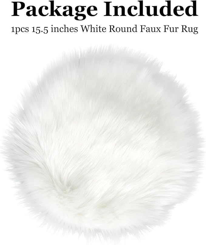 IVON 15.5 Inches White Round Faux Fur Rug, Fluffy Rug Cushion for Chair, Background for Nail Desk Photos