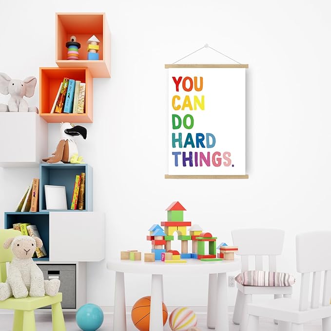 Qswo Positive Affirmations Wall Decor,You Can Do Hard Things Wall Art Poster Hanger Frame,Inspirational Hanging Canvas Wall Decor for Kids Room Nursery Classroom
