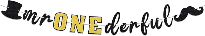 Mr Onederful Black and Gold Glitter Garland Banner Perfect for Wonderful Little Man Baby Boy 1st Birthday Party Decorations.