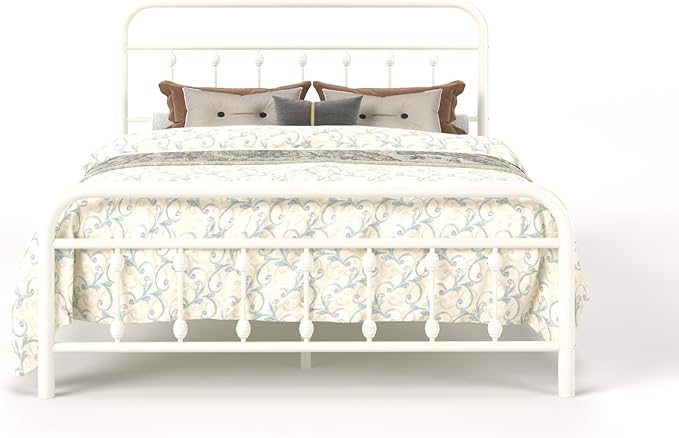 SHA CERLIN Full Size Metal Platform Bed Frame with Victorian Style Iron-Art Headboard and Footboard, Easy Assembly, Under Bed Storage, No Box Spring Required, White