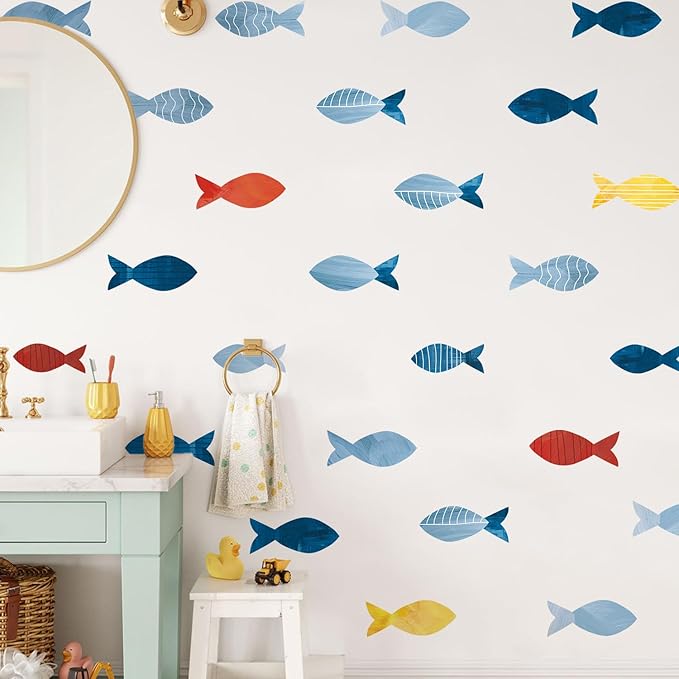 80 Pcs Creative Ocean Fish Wall Decals, Peel and Stick Blue Fish Wall Stickers, Vibrant Sea Life Watercolor Fishing Wall Decor for Kids Room Nursery Bedroom Playroom Classroom