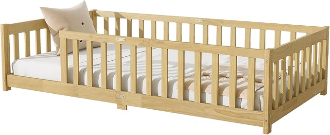 Ball & Cast Twin Size Floor Bed Frame,Montessori Floor Bed with Safety Fence,Wood Platform Toddler Bedframe for Girls Boys,Bedroom,Playroom,Easy Assembly & No Box Spring Needed,Natural