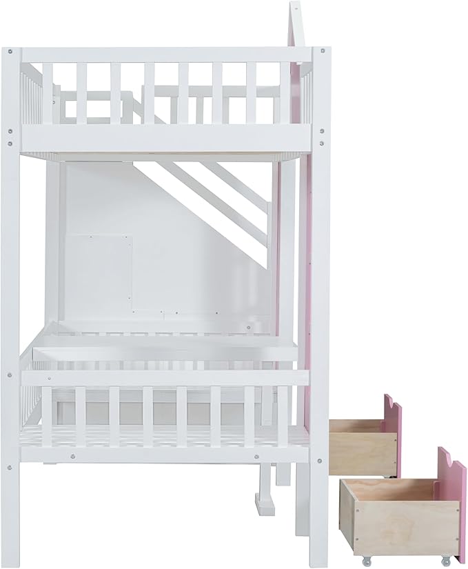 Playhouse Twin Size Loft Bed with Storage Staircase, Solid Wood Bunk Bed Frame with Guardrail for Kids Teens Boys Girls, Down Bed Convertible to Seats and Table Set (Pink-C)