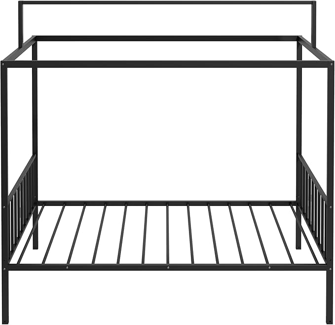 Harper & Bright Designs Twin Floor Bed Frame with Canopy and Guardrails, Metal Montessori Floor Bed with High Fence, Canopy Bed for Kids with Sturdy Metal Slats Support, Easy Assembly,Black