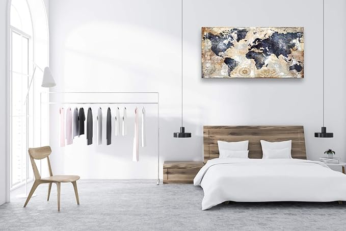 Vintage World Map Wall Art for Office World Map Poster Canvas Prints with Your Photos Nautical Decor Modern Framed Art Map of The World Wall Decor for Living Room Travel Memory Home Decor