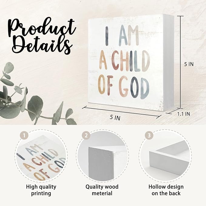 Boho Neutral Baby Girl Boy Nursery Decor - I am a Child of God Christian Wood Box Sign Desk Decor, Toddler Boy Girl Room Decor, Christian Desk Decor, Bible Verse Decor, 5x5