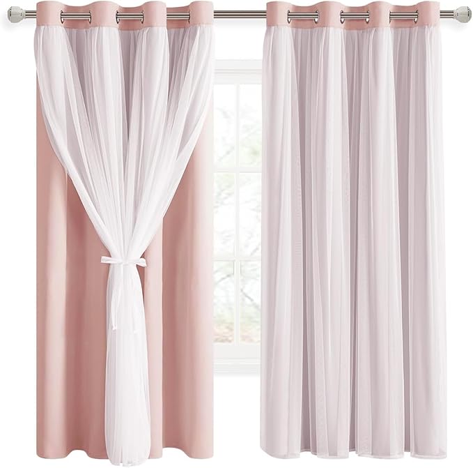 DWCN Blush Layered Curtains for Living Room Blackout and Sheer Curtains with Tiebacks Grommet Top Window Treatments with Sheer Overlay for Nursery, Girls Bedroom, 52 W by 63 L, 2 Pieces