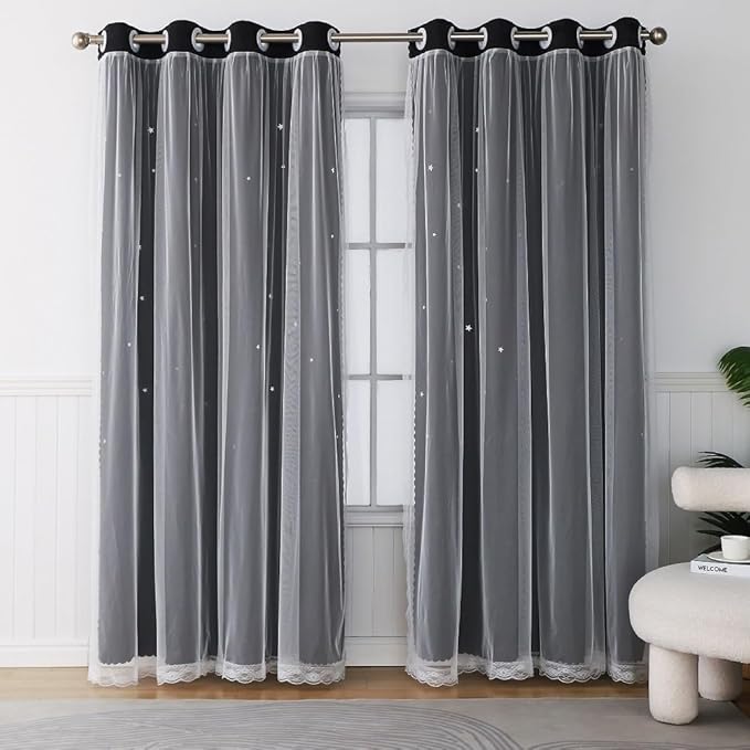 Blackout Curtains with Sheer Overlay - Cute Star Cutout Black Curtain for Teen Girl Bedroom Decor, 96 Inches Long 2 Panels, Aesthetic Double Layer Living Room Divider Drapes
