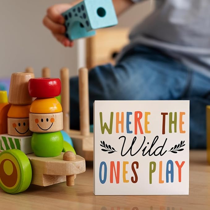 Playroom Desk Decor Wooden Sign, Nursery Decoration for Playroom Toy Room Toddler Kid's Bedroom, Nursery Gift for Baby Boy Girl Newborn Kids, Where The Wild Ones Play