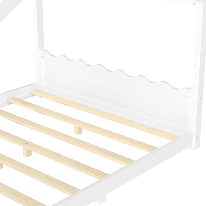 Queen Size Wooden House Floor Bed - Kids Bed Frame with Roof & Support Slats for Bedroom, No Box Spring Needed, Easy Assembly (White)
