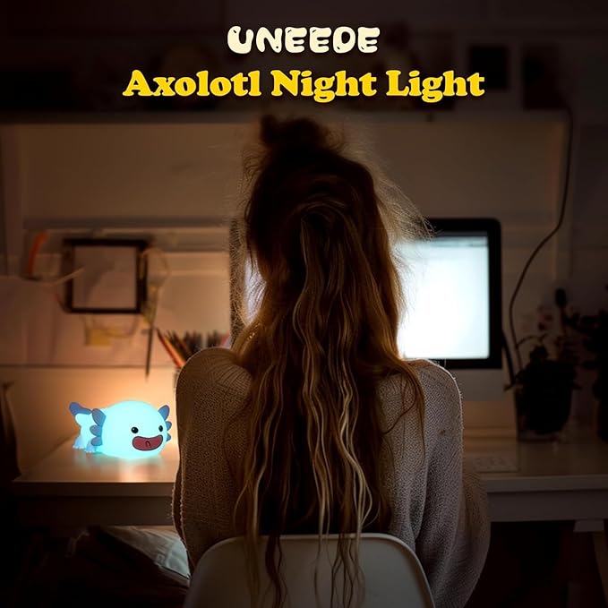 UNEEDE Axolotl Night Light for Kids, Animal Silicone Nursery Night Lamp, Rechargeable Table Lamp Bedside Lamp, Cute Room Decor Night Light for Bedroom Living Room Dining Desk Decor Gift Kawaii Toys