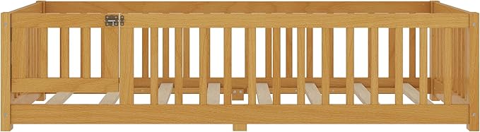 Twin Size Floor Bed with Fence and Lockable Door, Wood Montessori Bed Frame with Slat Support for Kids,Boys,Girls,Easy Assembly, Natural