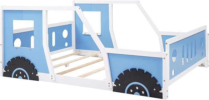 Full Size Classic Car-Shaped Platform Bed Frame for Boys Girls Kids Toddler with Wheels,Blue