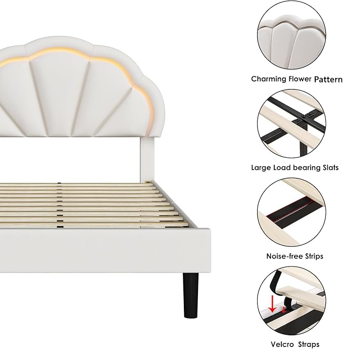 HIFIT Twin Upholstered Smart LED Bed Frame with Adjustable Chic Petal Headboard, Princess Twin Size Platform Bed Frames for Kids/Girls, Wooden Slats Support, No Box Spring Needed, Easy Assembly, Beige