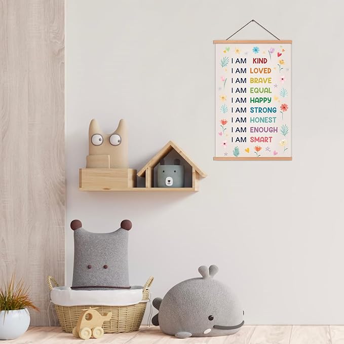KAIRNE Positive Affirmations Wall Decor For Kids,I am Kind Smart Poster Hanger Frame, Boho Flowers Girly Poster,Rainbow Wall Art Hanging Inspirational Banner Decor for Classroom Nursery Playroom