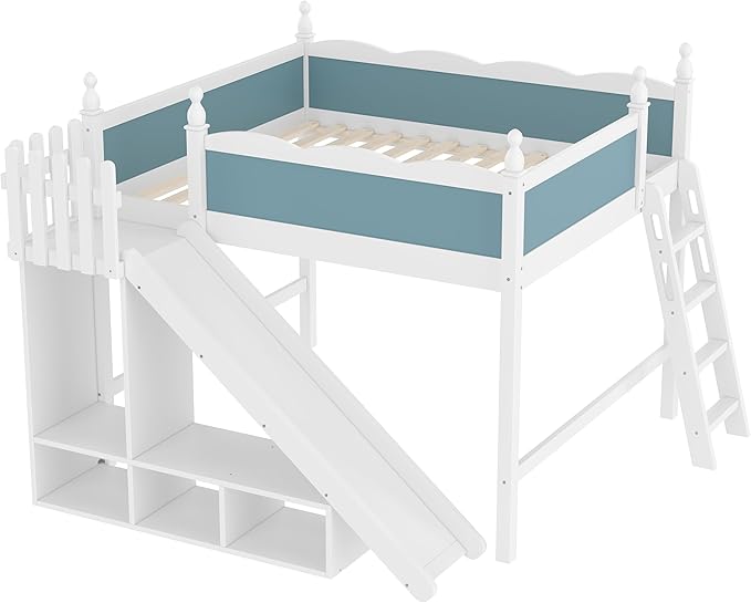 SOFTSEA Queen Size Loft Bed with Slide, Kids Loft Bed with Open Shelves and Cabinet, Playhouse Bed Frame with Detachable Slide and Ladder for Kids Boys, Blue + White