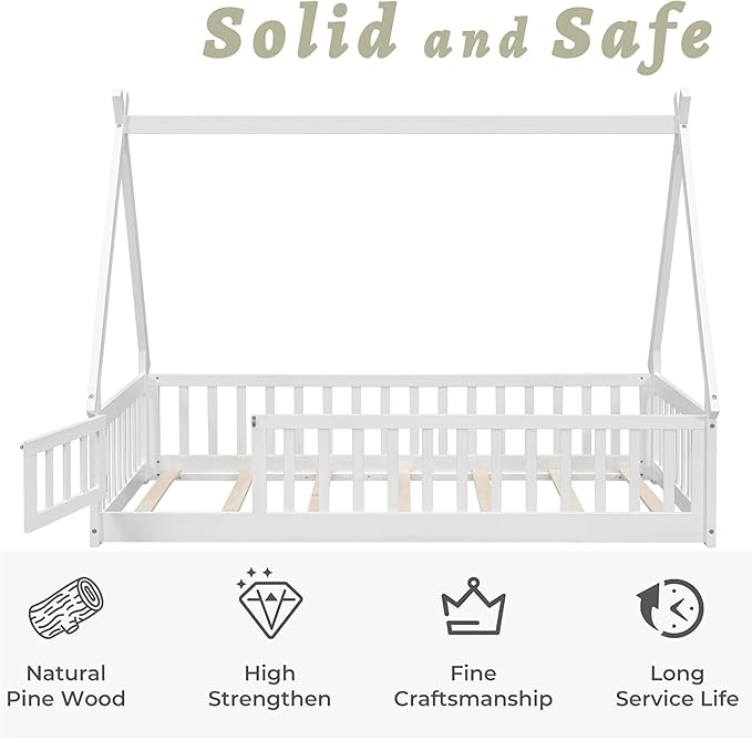 Twin House Bed Frame with Fence Rails and Door,Wood Montessori Floor Bed with Slats Support,Teepee Tent Beds Kids Bed Frames for Girls Boys, White