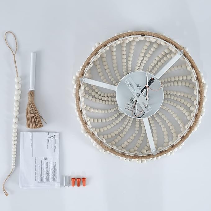 VILUXY Bohemia Wood Beaded Flush Mount Ceiling Light Antique Rustic Mini Round Chandelier White for Bedroom Kitchen Island Girl Room Entryway 3-Light
