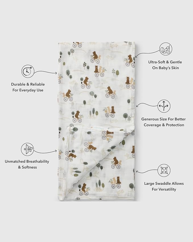 Loulou Lollipop Muslin Swaddle Blanket, Bears on Bike - 70% Rayon from Bamboo, 30% Cotton, Size 18-24M, Unisex, Lightweight, Summer, Swaddle, Sleep & Swaddle