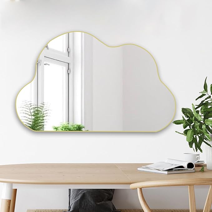 POZINO Gold Irregular Mirror, 33.5"x20.5" Cloud Shaped Mirrors, Asymmetrical Wall Mirror, Abstract Funky Frameless Mirrors for Living Room Bathroom Bedroom Entryway Fireplace