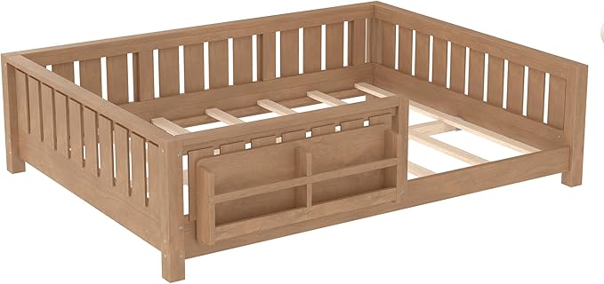 Bellemave Full Size Floor Bed with Slats and Safety Guardrail, Full Size Montessori Floor Bed with Fence and Built-in Bookshelf, Easy Assemble Montessori Beds for Kids, Girls, Boys, Natural
