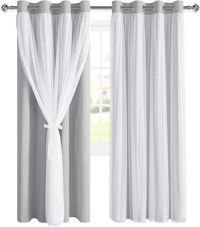 DWCN Layered Curtains for Living Room Blackout and Sheer Curtains Grommet Top Window Curtain Panels with Sheer Overlay for Bedroom, 52" x 84", Cloud Grey, 2 Pieces
