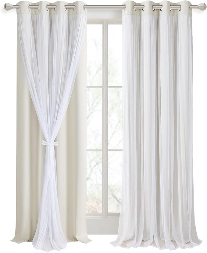 DWCN Blackout and Sheer Curtains with Tiebacks Layered Curtains for Living Room Grommet Top Window Curtain Panels with Sheer Overlay, 52 W by 96 L, Ivory, 2 Pieces