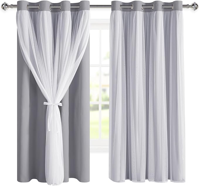 DWCN Blackout Curtains with Sheer Overlay Layered Curtains for Bedroom/Living/Dining Room Grommet Top Window Curtain Panels with Tiebacks, 52 W by 63 L, Grey, 2 Pieces
