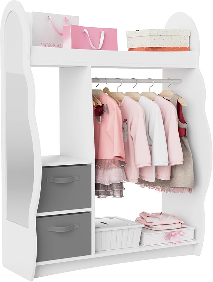 Kids Dress Up Storage Rack Mirror Wood Child Wardrobe 2 Hooks 2 Fabric Bins Toddler Closet Girls Boys Open Hanging Armoire Storage Shelf Coat Costume Hat Shoe (Cloud+White+Two Drawers)