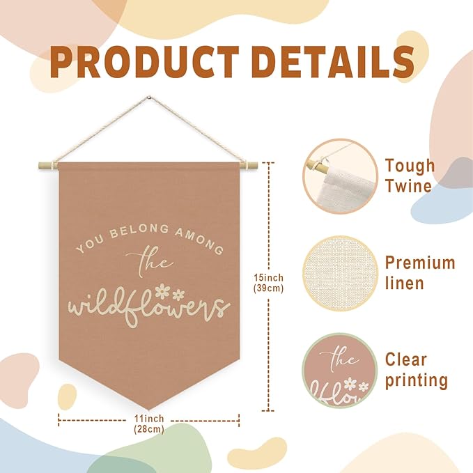 Wildflower Nursery Decor, Girls Room Decor - Wildflower Pink Linen Banner Flag for Little Girl Baby Girl,Wall Hanging Pennant Flag Banner 15x11in
