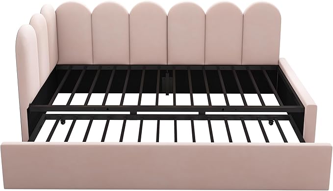 Merax Twin Size Modern Upholstered Platform Bed with Trundle Bed, Floor Sofa Daybed with Metal Slat Support, Low Bed Frame with Headboard/Twin, Pink