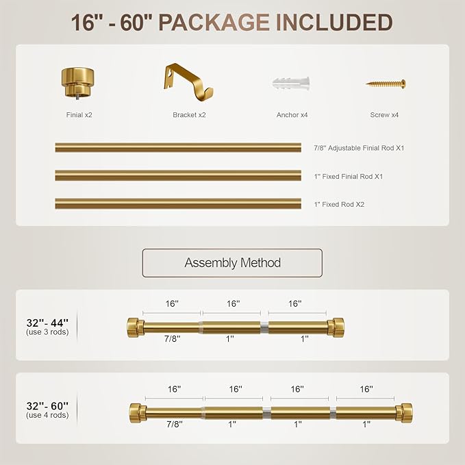 Gold Curtain Rods for Windows 28 to 48 Adjustable Modern Curtain Rod 1 inch Diameter Heavy Duty with Solid Metal Finials for Living Room Bedroom Farmhouse Outdoor Patio