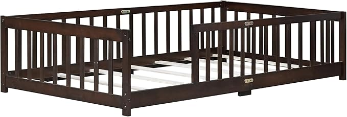 Twin Size Floor Bed for Kids, Wood Montessori Floor Beds with Fence Railings and Slats Support, Twin Playhouse Bed Frame for Boys Girls, No Box Spring Needed, Espresso