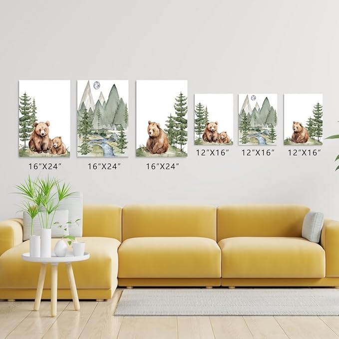 Baby Bear Nursery Wall Art, Cute Bears Wall Decor, Watercolor Green Mountain Forest Wall Art, Woodland Camping Nursery Decor Print, Nature Art for Boy Girl Toddler Bedroom, Framed Canvas, 12"x16"x3