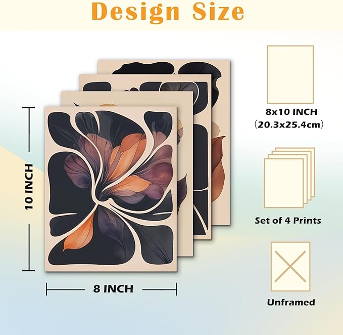 JINYO Vintage Boho Orange and Black Abstract Floral Wall Art Prints Set of 4, Dark Cottagecore Decor, Mid Century Modern Flower Wall Decor Posters Pictures for Home Bedroom Living Room, 8x10 Unframed