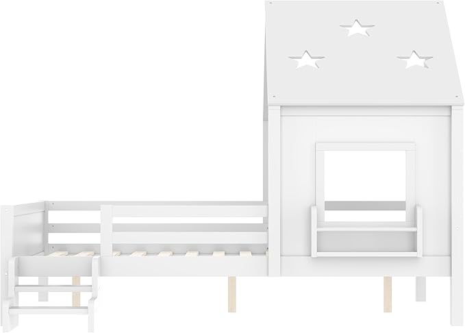 Bellemave Full House Bed with Rails or guardrails and Bookcase, Wooden Full House Shape Platform Bed for Boys, Girls, Teens, White