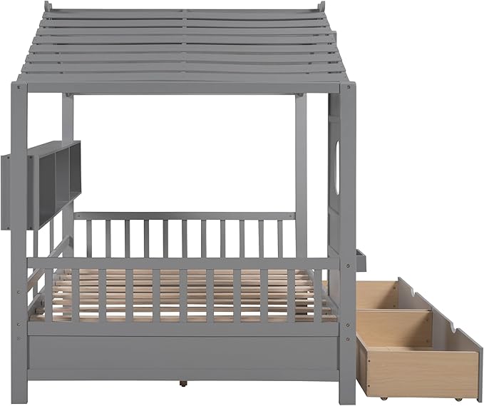 Harper & Bright Designs Full Size Modern House Bed with Roof, Wooden Twin Size House Bed with 2 Drawers and Storage Shelf, White