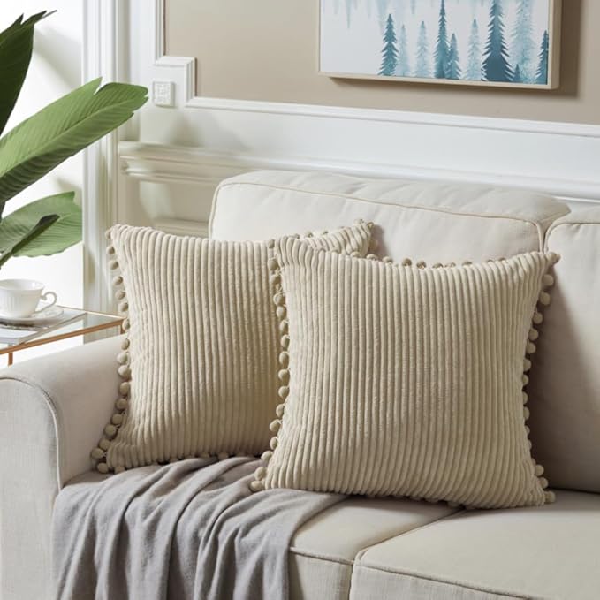 Fancy Homi Pack of 2 Tan Decorative Throw Pillow Covers with Pom-poms, Soft Corduroy Solid Square Cushion Cases Set for Living Room Couch Sofa Bedroom Car (16x16 Inch/40x40 cm, Tan)